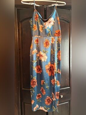 Blue Satin Floral Slip Dress with Orange Flowers